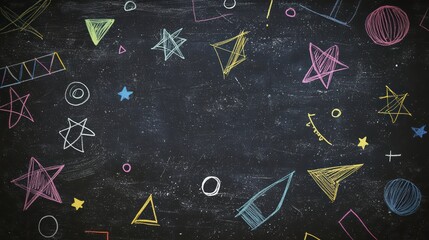 Poster - chalkboard canvas: a dark chalkboard is covered with colorful, childlike drawings, offering a vivid 