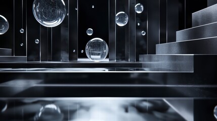 Poster - ascending bubbles: a modern architectural scene, with floating transparent bubbles and structured st