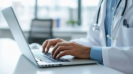 Poster - Doctor Working on Laptop in Modern Office Space Close Up