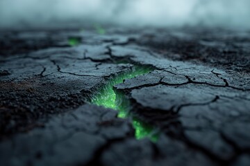 Poster - Cracked and barren earth stretches across a surreal landscape, where glowing green mist gently rises, creating a moody and atmospheric fantasy setting filled with eerie beauty