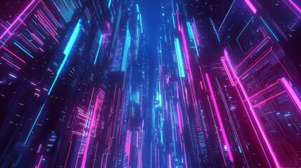 Poster - digital cityscape: futuristic city rendered with neon lights and digital circuits, a vibrant visuali