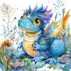 adorable watercolor illustration features a charming blue fantasy creature with wings