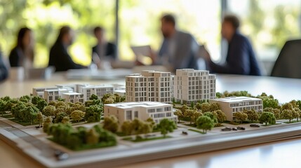 Poster - Architect Presenting Housing Estate Model in Modern Office Setting
