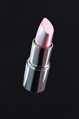 Poster - A sleek metallic lipstick hovers effortlessly in mid-air, showcasing its reflective chrome finish. The deep moody lighting adds an elegant glow, enhancing its luxurious appearance