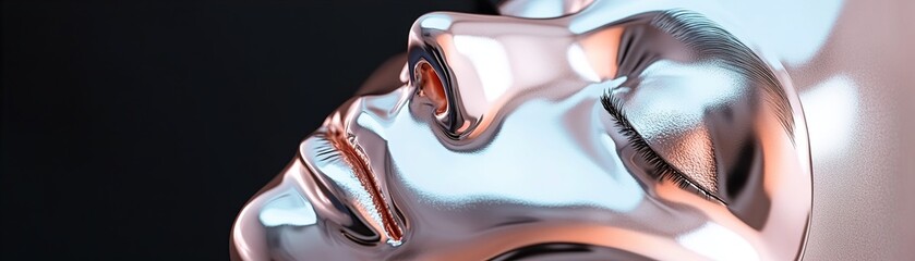 Poster - A metallic beauty mask showcases a refined modern design with a smooth mirror finish. The dramatic lighting highlights the contours, creating a striking visual effect in a luxurious setting