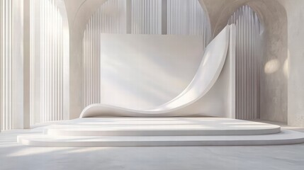 Poster - Elegant Stage for Display: A minimalist stage design, bathed in soft light, invites attention with its clean lines, elegant curves, and the play of light and shadow.