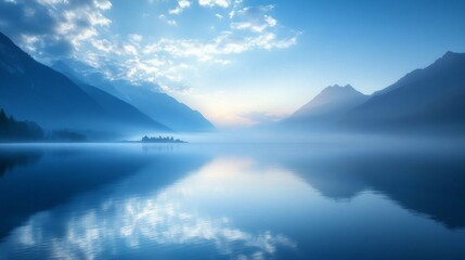 Poster - A breathtaking view unfolds at dawn as soft blue hues envelop the misty lake, mirrored by the mountain silhouettes. Peaceful tranquility reigns in nature's embrace