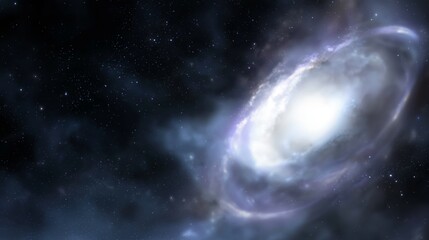Wall Mural - Spiral galaxy with luminous white core in deep space. Swirling arms with blue cosmic dust with faint star clusters. Dark universe background with ethereal glow. Vast celestial structure 