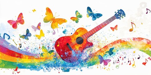 Poster - Colorful Guitar With Butterflies Rainbow and Musical Notes