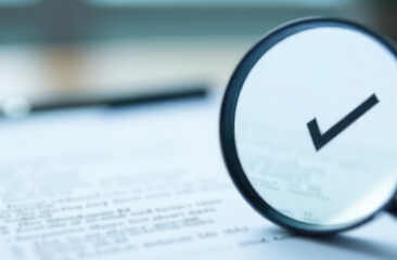 Leinwandbilder - magnifying glass and check mark icon,show check the authenticity of the document,concept of rules of conduct rules and policies company regulations Terms and Conditions