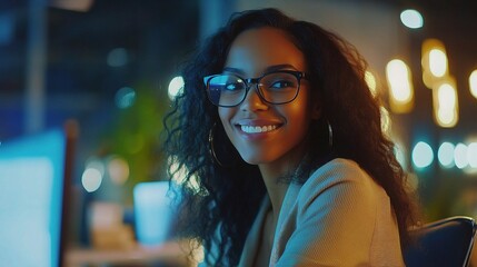 Poster - Smiling Female Tech Lead in Office with Soft Lighting and Computer