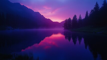 Poster - Soft twilight colors the landscape with shades of purple and pink, reflecting on the calm lake surrounded by majestic mountains and lush trees. Nature's tranquility reigns supreme