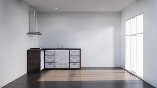 white kitchen room scene mockup and set shaped kitchen design. 3d rendering