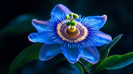 Aufkleber - In a tranquil garden, a stunning blue passionflower captivates with its vivid colors and complex design, thriving beneath warm daylight. Nature's artistry on full display, inviting admiration