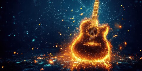 Poster - Glowing Acoustic Guitar With Musical Notes On A Dark Background