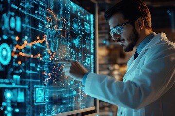 Poster - Scientist analyzing data trends on a digital display in a high-tech laboratory setting