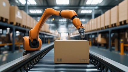 Poster - Industrial Robot Arm Grabbing Cardboard Box in Warehouse Setting