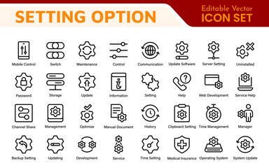 Settings, icon set. Containing options, configuration, preferences, adjustments, operation, gear, control panel, equalizer, management, optimization and productivity icons.