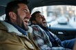 © Vitalii Shkurko - A male taxi driver laughs heartily with his passenger in the back seat. They enjoy a lively conversation amidst a busy urban setting on a cold day