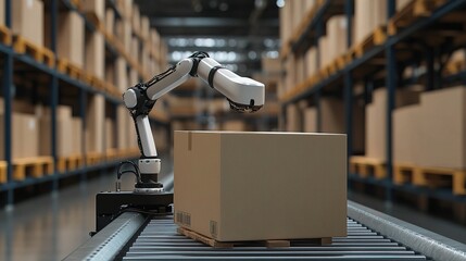 Poster - Industrial Robot Arm Grabbing Cardboard Box in Warehouse Environment