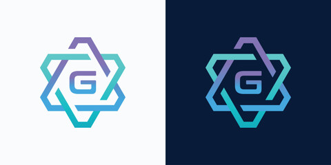 Poster - technology logo letter G with hexagon circuit line style for digital, data, connection with purple and blue gradient color