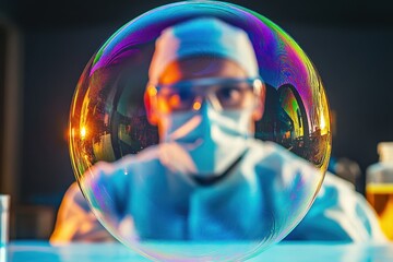 Poster - Scientist examining a colorful bubble in a laboratory during a research experiment