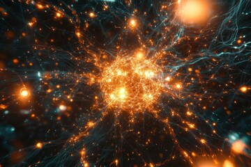 Poster - Intricate network of glowing particles in a dark cosmic space representation