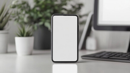 Aufkleber - A sleek smartphone stands upright on a desk, surrounded by potted plants, a computer, and a keyboard. The bright atmosphere highlights tranquility and modern life blending seamlessly