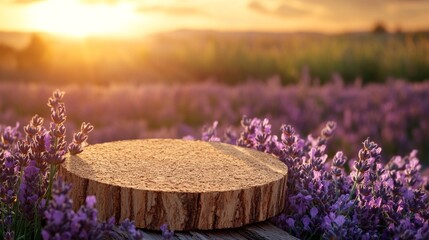 Aufkleber - Golden rays of sunset bathe a serene lavender field, highlighting a rustic wooden slice resting among vibrant purple blooms, perfect for reflection and tranquility