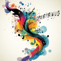 Poster - Abstract composition showing music notes and colorful paint splatters