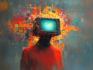 Poster - This striking image features a figure with a vintage television as a head, enveloped in vibrant abstract colors that symbolize information overload.