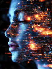 Poster - An artistic representation of a face illuminated by dynamic lights, symbolizing the fusion of human identity and technological progress.