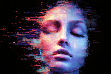 Poster - An abstract portrayal of a human face dissolving into vibrant pixels, capturing the essence of modern digital experiences and emotional perspectives.