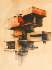 Poster - This artwork showcases a multi-layered geometric structure with a warm color palette, evoking feelings of modernism and architectural creativity.
