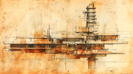 Poster - The image presents a blueprint of a futuristic architectural design, highlighting innovative structures and the integration of technical elements.