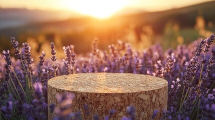 Aufkleber - A warm golden sunset casts a magical glow over a vibrant lavender field, where a rustic wooden pedestal adds charm. The scene evokes tranquility and inspiration