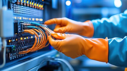 Poster - A technician in orange gloves connects wires inside a server, showcasing focused work in a high-tech environment.
