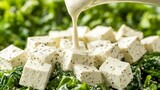 creamy miso dressing being drizzled over Wakame salad with tofu