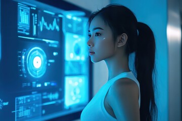 a focused asian woman standing in front of a digital screen showing her health data, using an ai-pow