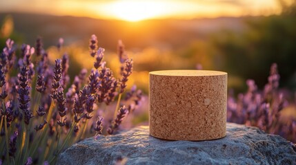 Poster - A serene lavender field at sunset showcases vibrant hues as golden sunlight bathes a cork cylinder positioned atop a rock, evoking tranquility and beauty in nature