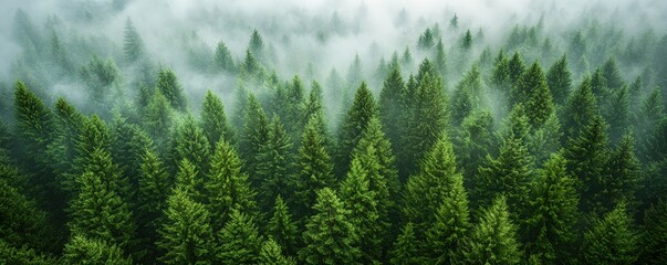 Wall Mural - lush evergreen forest shrouded in mist, creating a serene and tranquil atmosphere.