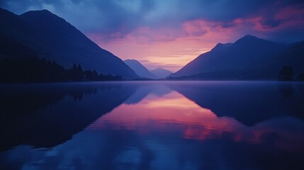 Poster - The sky bursts with vibrant hues of pink and purple as the sun sets behind majestic mountains, casting a stunning reflection on the calm surface of the lake below, creating a captivating atmosphere