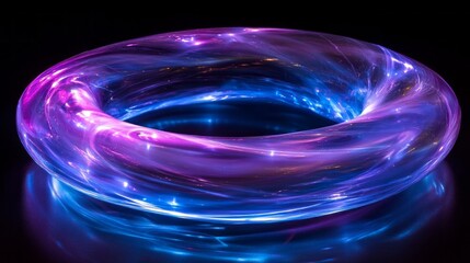 Poster - A vibrant circular structure glows with swirling shades of purple and blue, casting a radiant light in a dim space. This ethereal display mesmerizes all who gaze upon it
