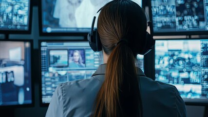 Poster - Female surveillance officer monitors multiple screens in a control room during a late night shift, Female surveillance officer watching the screens in observation control room