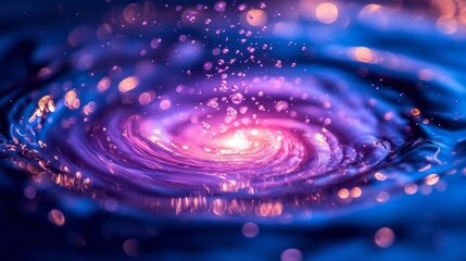 Poster - Droplets of water burst upward, illuminated by shimmering light in a vivid swirl of deep purples and blues. The captivating motion evokes a sense of cosmic beauty and tranquility