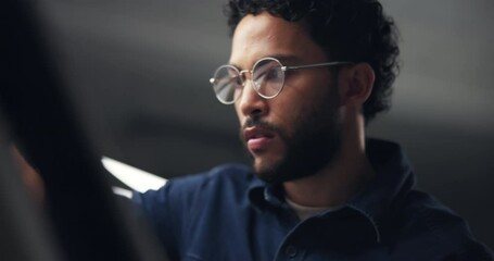 Poster - Drawing, glasses and man with project at night with deadline for startup, business or visual communication. Plan, creative and graphic designer sketching for art with branding prototype in studio.