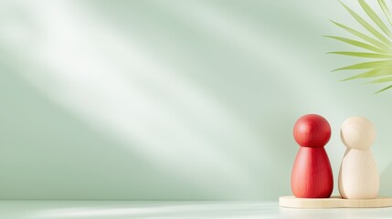 Poster - Two minimalist figurines, one red and one cream, stand side by side on a neutral background with soft lighting and a green leaf accent.