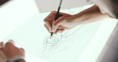 Fototapete - Drawing, sketch and hands with design for car, vehicle and automobile prototype at night in studio. Creative designer, artist and person with blueprint, ideas or illustration for automotive structure