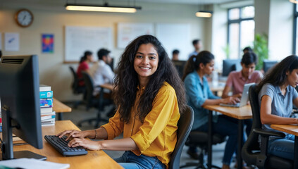 indian woman working on a computer in a university lab surrounded by students and technology in an a