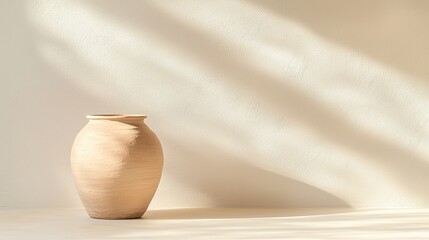 Poster - A simple, clay vase sits against a textured wall, bathed in soft light, creating a serene and minimalist aesthetic.